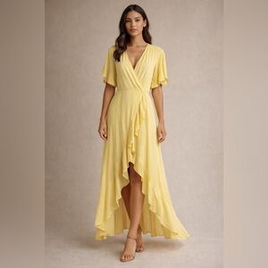 Leith Yellow High-Low Wrap Maxi Dress with Ruffle Trim